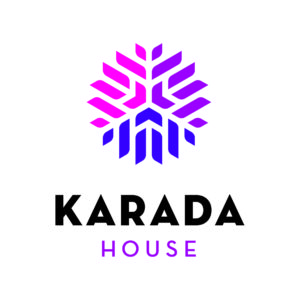 Text: "Karada House" below pink purple and blue circle design